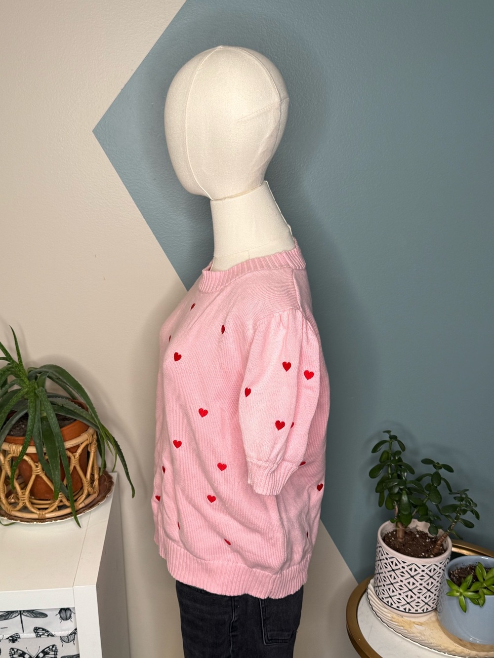 Pink Heart Puff Sleeve Cotton Sweater 2X Coquette Romantic Hearts Knit Top - Picture 3 of 10
